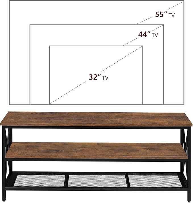 WEENFON Wood TV Stand for 55 Inch TV, 47 Inch Metal TV Table with Adjustable Leg, Unique Rustic Storage Shelve for Living Room, 3-Tiers TV Console for Bedroom, Rustic Brown - LeafyLoom