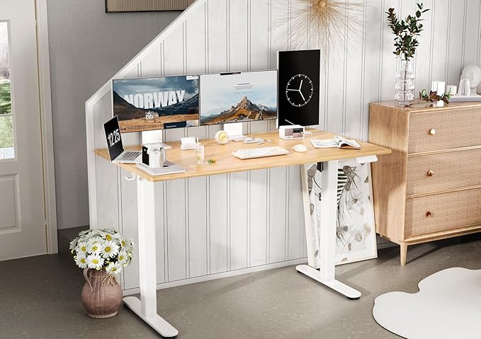 Bamboo Electric Standing Desk, 55x24 Inches Adjustable Height Stand up Desk with Whole Piece Desktop, Sit Stand Home Office Desk White Frame/Bamboo Top - LeafyLoom