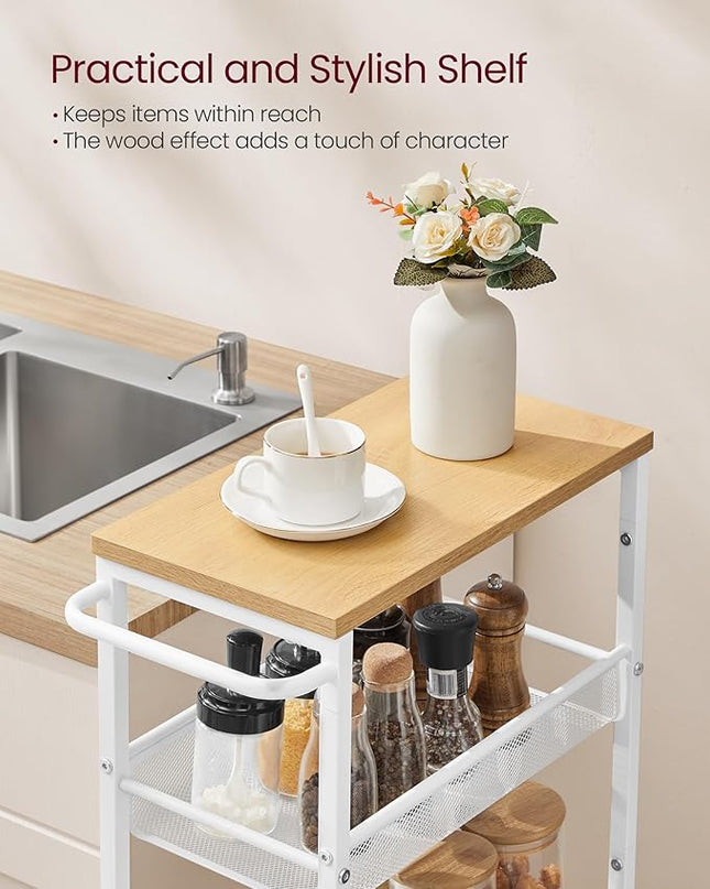 VASAGLE Slim Rolling Cart, 5-Tier Storage Cart, Narrow Cart with Handle, 8.7 Inches Deep, Metal Frame, for Kitchen, Dining Room, Living Room, Home Office, Oak Beige and White ULRC035W09 - LeafyLoom