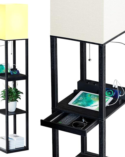 SUNMORY Floor Lamp with Shelves,Modern Dimmable Solid Wood Standing Lamp with 1 Drawer and 2 USB Ports & 2 Power Outlet,Corner Tall Bookshelf Lamp for Living Room and Bedroom(Black) - LeafyLoom