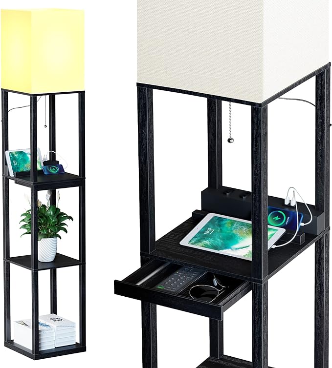 SUNMORY Floor Lamp with Shelves,Modern Dimmable Solid Wood Standing Lamp with 1 Drawer and 2 USB Ports & 2 Power Outlet,Corner Tall Bookshelf Lamp for Living Room and Bedroom(Black) - LeafyLoom