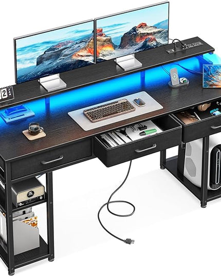 AODK 63 inch Computer Desk with 3 Drawers, Gaming Desk with LED Lights & Power Outlets, Home Office Desk with Storage Shelves & Monitor Stand, Modern Work Study Writing Table for Small Spaces, Black - LeafyLoom