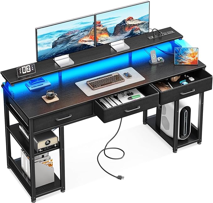 AODK 63 inch Computer Desk with 3 Drawers, Gaming Desk with LED Lights & Power Outlets, Home Office Desk with Storage Shelves & Monitor Stand, Modern Work Study Writing Table for Small Spaces, Black - LeafyLoom