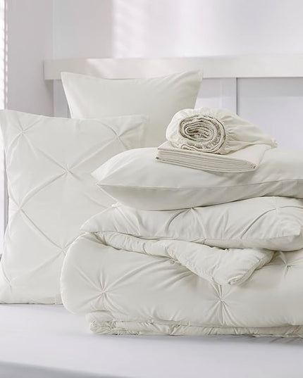 Bedsure King Size Comforter Set - Bedding Set King 7 Pieces, Pintuck Bed in a Bag Ivory Bed Set with Comforter, Sheets, Pillowcases & Shams - LeafyLoom