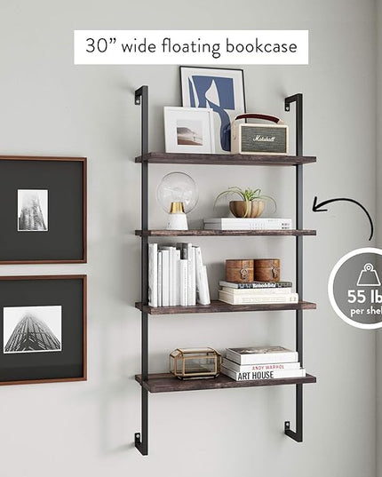 Nathan James Theo 4-Shelf Bookcase, Floating Wall Mount Shelves with Natural Wood and Industrial Pipe Metal Frame, Nutmeg/Black - LeafyLoom