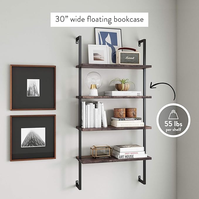 Nathan James Theo 4-Shelf Bookcase, Floating Wall Mount Shelves with Natural Wood and Industrial Pipe Metal Frame, Nutmeg/Black - LeafyLoom