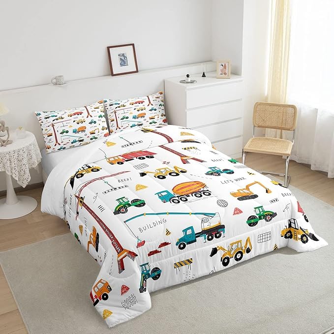 Heavy Machinery Truck Bedding Set Tractor Crane Comforter Set for Kids Boys Girls Youth Construction Site Comforter Nursery Decor Quilt Set Room 3Pcs Full Size - LeafyLoom
