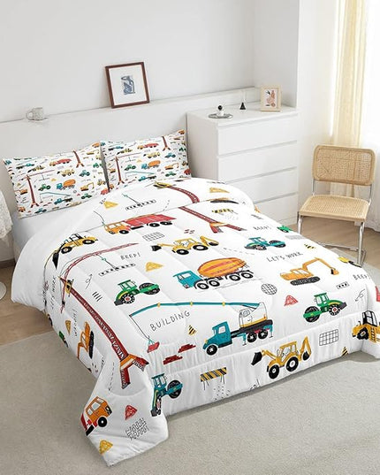 Feelyou Heavy Machinery Truck Bedding Set Tractor Crane Comforter Set for Kids Boys Girls Youth Construction Site Comforter Nursery Decor Quilt Set Room 2Pcs Twin Size - LeafyLoom