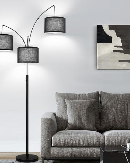 Dimmable Floor Lamp - 3 Lights Arc Floor Lamps for Living Room, 1000LM Modern Tall Standing Lamp With Black Shades & Heavy Base, Mid Century Tree Floor Lamp for Bedroom Office, 3 LED Bulbs Included - LeafyLoom