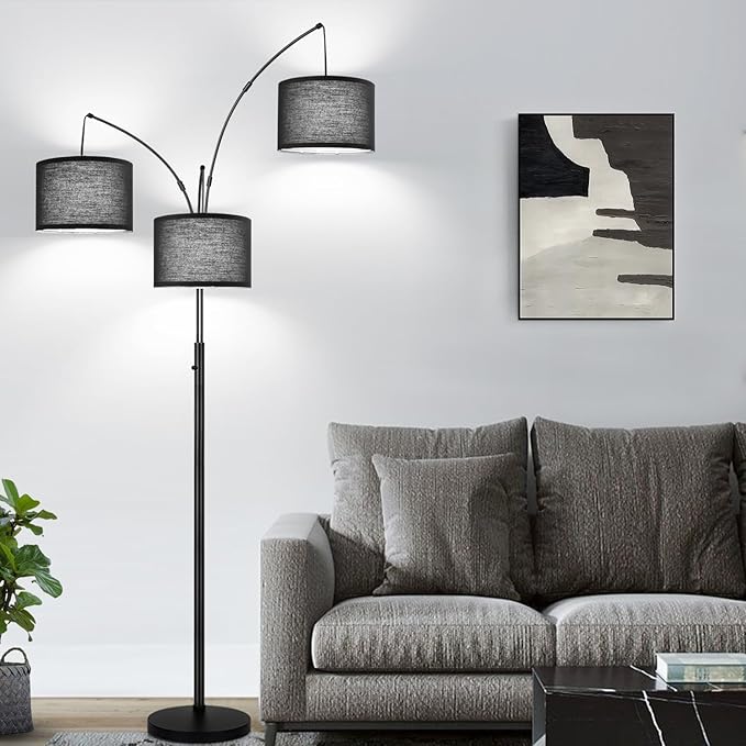 Dimmable Floor Lamp - 3 Lights Arc Floor Lamps for Living Room, 1000LM Modern Tall Standing Lamp With Black Shades & Heavy Base, Mid Century Tree Floor Lamp for Bedroom Office, 3 LED Bulbs Included - LeafyLoom
