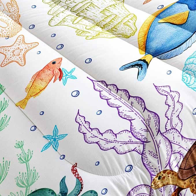 Turtle Comforter Set Twin Ocean Watercolor Sea Turtle Bedding Set Tropical Fish Marine Life Bed Set with 2 Pillowcases for Kids Room Decor - LeafyLoom
