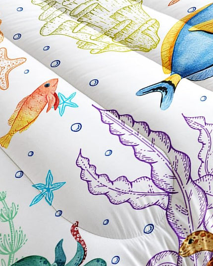 Turtle Comforter Set Queen Ocean Watercolor Sea Turtle Bedding Set Tropical Fish Marine Life Bed Set with 2 Pillowcases for Kids Room Decor - LeafyLoom