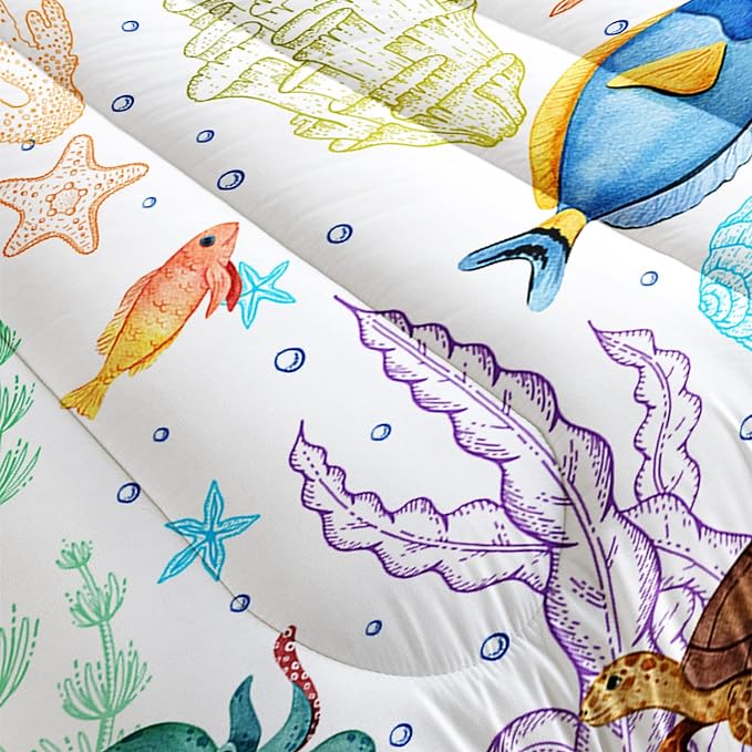 Turtle Comforter Set Queen Ocean Watercolor Sea Turtle Bedding Set Tropical Fish Marine Life Bed Set with 2 Pillowcases for Kids Room Decor - LeafyLoom