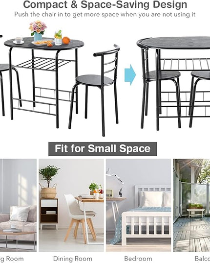 LUARANE 3 Piece Dining Table Set, Small Dining Table for 2 w/Metal Frame & Wine Rack, Breakfast Nook Table Set for Home Bistro Pub Apartment Kitchen Dining Room Cafe (Black) - LeafyLoom