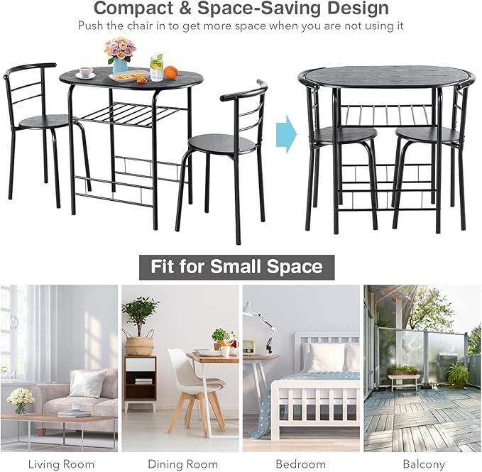 LUARANE 3 Piece Dining Table Set, Small Dining Table for 2 w/Metal Frame & Wine Rack, Breakfast Nook Table Set for Home Bistro Pub Apartment Kitchen Dining Room Cafe (Black) - LeafyLoom