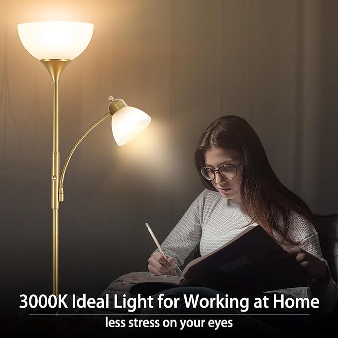 Floor Lamp, Standing lamp, 3 Levels Dimmable Brightness, Included 9W and 5W LED Bulbs, Lamp for Living Room, Bedroom, Office, Reading - LeafyLoom
