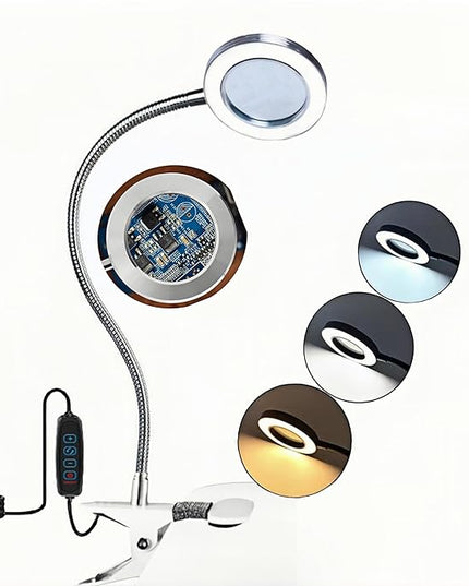 Desk Magnifying Glass with Light 10X, Clip on Desk Lamp,Craft Lamp Adjustable Lighted Magnifying Glass with Stand Portable Eye LED Lamp 3 Colors Dimmable for Reading Crafts Workbench(Sliver 2.0) - LeafyLoom