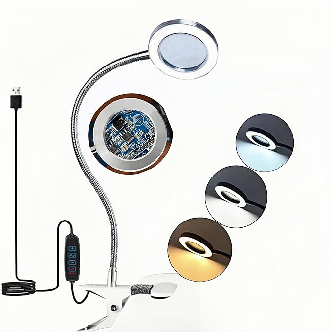 Desk Magnifying Glass with Light 10X, Clip on Desk Lamp,Craft Lamp Adjustable Lighted Magnifying Glass with Stand Portable Eye LED Lamp 3 Colors Dimmable for Reading Crafts Workbench(Sliver 2.0) - LeafyLoom
