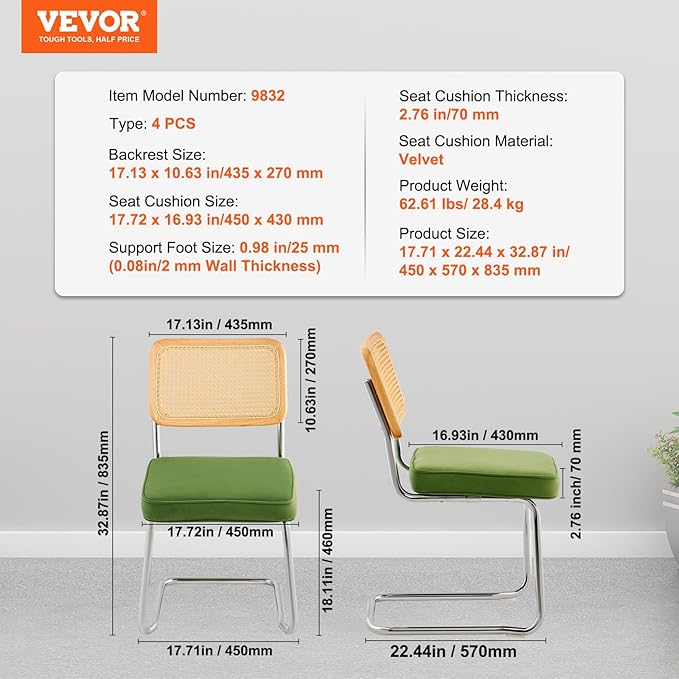 VEVOR Rattan Dining Chairs Set of 4, Mid Century Modern Dining Chair, Upholstered Velvet Accent Chair with Rattan Back, Retro Dining Room Kitchen Chair for Living Room, Bedroom, Office (18.1 Inch) - LeafyLoom