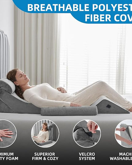 Axelrod 6PCS Orthopedic Bed Wedge Pillow Set, Post Surgery Foam for Back, Neck & Leg Pain Relief Comfortable & Adjustable Ortho Pillows- Anti Snoring, Heartburn, Acid Reflux & GERD Sleeping Light Grey - LeafyLoom