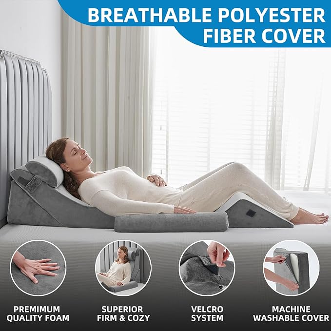 Axelrod 6PCS Orthopedic Bed Wedge Pillow Set, Post Surgery Foam for Back, Neck & Leg Pain Relief Comfortable & Adjustable Ortho Pillows- Anti Snoring, Heartburn, Acid Reflux & GERD Sleeping Light Grey - LeafyLoom