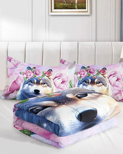 Wolf Comforter Set Tie Dye Wolf Bedding Set for Kids Teens Room Decor Romantic Pink Rose Wild Animals Comforter with 2 Pillowcases - LeafyLoom