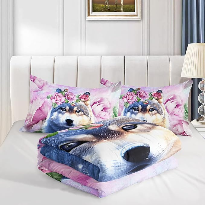 Wolf Comforter Set Tie Dye Wolf Bedding Set for Kids Teens Room Decor Romantic Pink Rose Wild Animals Comforter with 2 Pillowcases - LeafyLoom