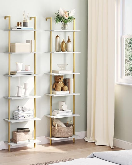 HOOBRO DIY Ladder Shelf, 6-Tier Wooden Wall Mounted Bookshelf, Narrow Gold Bookcase, Display Shelf, Storage Rack, Plant Stand, for Living Room, Bedroom, Study, Balcony, Marble and Gold DM651CJ01 - LeafyLoom