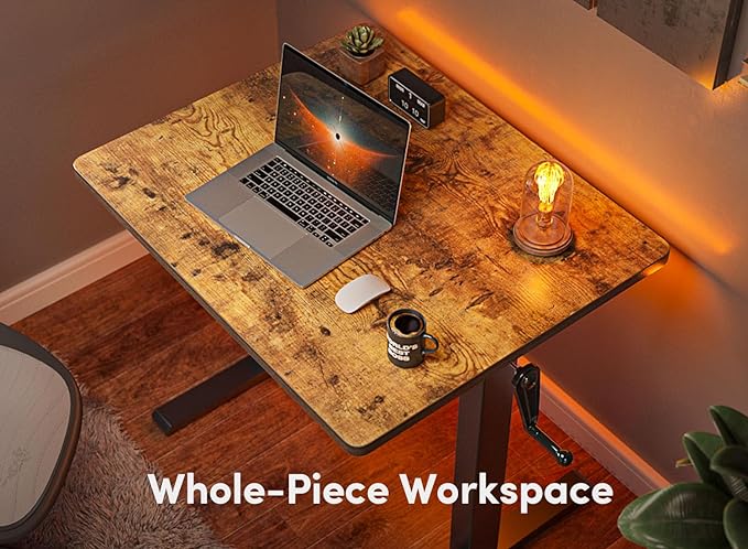 FEZIBO 32" Whole Piece Crank Height Adjustable Desk, 32 Inches Manual Standing Desk, Writing Table with Handle, Home Office Desk with Black Frame/Rustic Brown Top - LeafyLoom