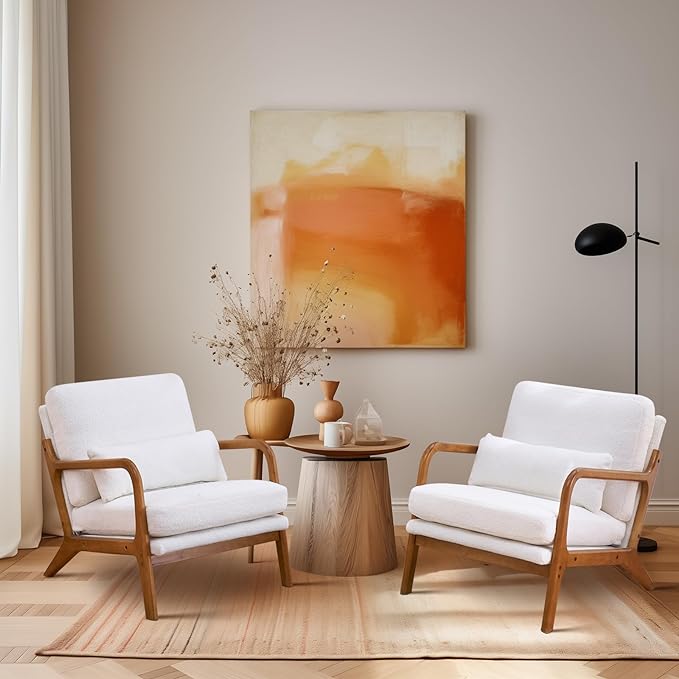 Bonnlo Teddy Fleece White Accent Chairs Set of 2, Upholstered Mid Century Modern Lounge Chairs Reading Chairs Side Sitting Chair Solid Wood Farmhouse Armchairs for Living Room, Bedroom, Guest Room - LeafyLoom