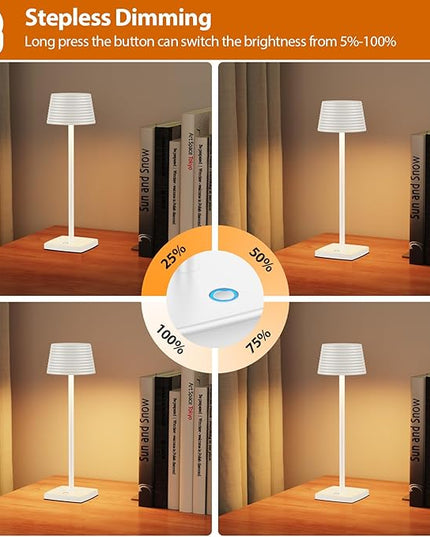 Rechargeable Cordless Table Lamp, Battery 5000mAh Metal Aluminum Housing USB LED Portable Powered Desk Lamp, 3 Levels Brightness Night Light for Restaurants Bars Outdoor (White-2pack) - LeafyLoom