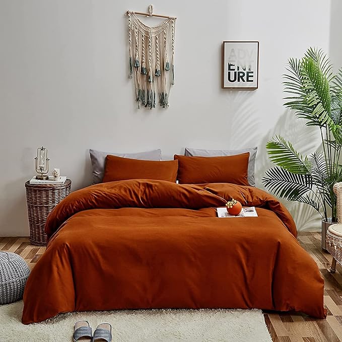 Rust Comforter Sets Burnt Orange Bedding Set Cal King Reddish Caramel Color Terracotta Bed Set 3 Pieces Women Lightweight Solid Burnt Orange Color Blanket Rust Quilts Breathable Bed Comforter - LeafyLoom