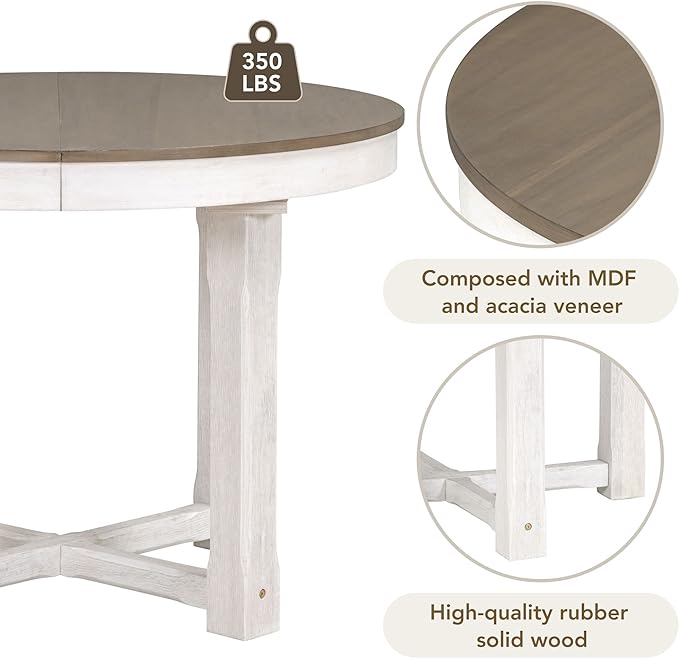 Farmhouse 5 Piece Dining Set, Included Round Extendable Wooden Table and 4 Upholstered Chairs, Retro Adjustable Dinette Furniture for Kitchen Living Room, Brown+White - LeafyLoom