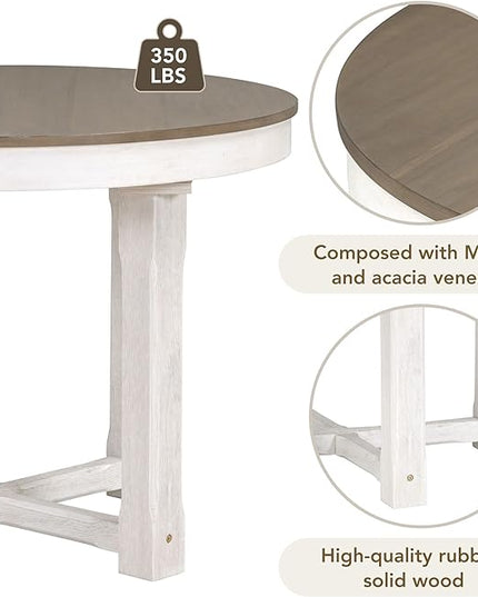 Farmhouse 5 Piece Dining Set, Included Round Extendable Wooden Table and 4 Upholstered Chairs, Retro Adjustable Dinette Furniture for Kitchen Living Room, Brown+White - LeafyLoom