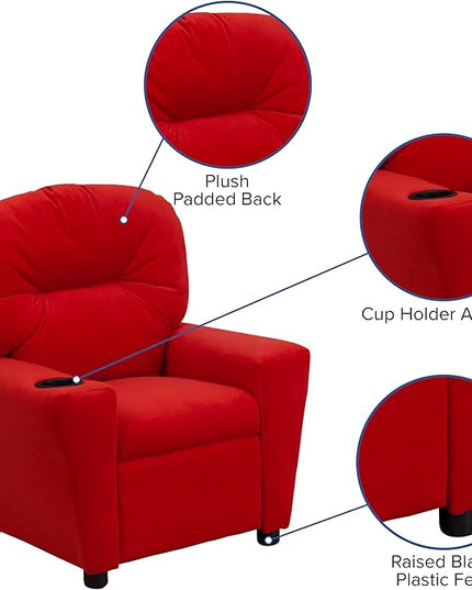 Flash Furniture Chandler Microfiber Kids Recliner with Cup Holder and Safety Recline, Contemporary Reclining Chair for Kids, Supports up to 90 lbs., Red - LeafyLoom