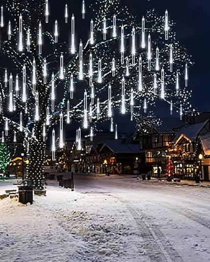 Christmas Lights Outdoor UL Certified Meteor Shower Lights 12Inch 8Tubes 192LED Falling Rain Drop Lights Icicle Snow Cascading Xmas Lights for Tree Wedding Party Garden Decoration,White Weepong