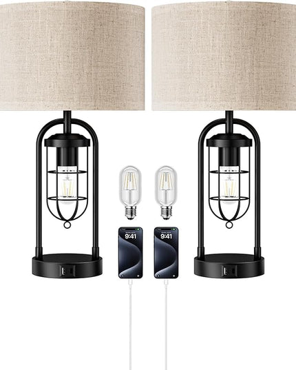 EDISHINE Farmhouse Table Lamp with Night Light, 22.84" Bedside Lamps Set of 2 with A+C USB Ports, 3 Way Dimmable Nightstand Lamp for Living Room, Bedroom, Home (Night Light Bulbs Included) - LeafyLoom