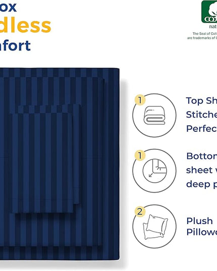 THREAD SPREAD Luxury Egyptian Cotton Queen Stripe Sheet Set, 600 Thread Count Extra Long Staple 4 PC Set, Queen Damask Sheets, Soft, Cooling Sateen Weave Sheets Upto 18" Deep Pocket - Navy Blue - LeafyLoom