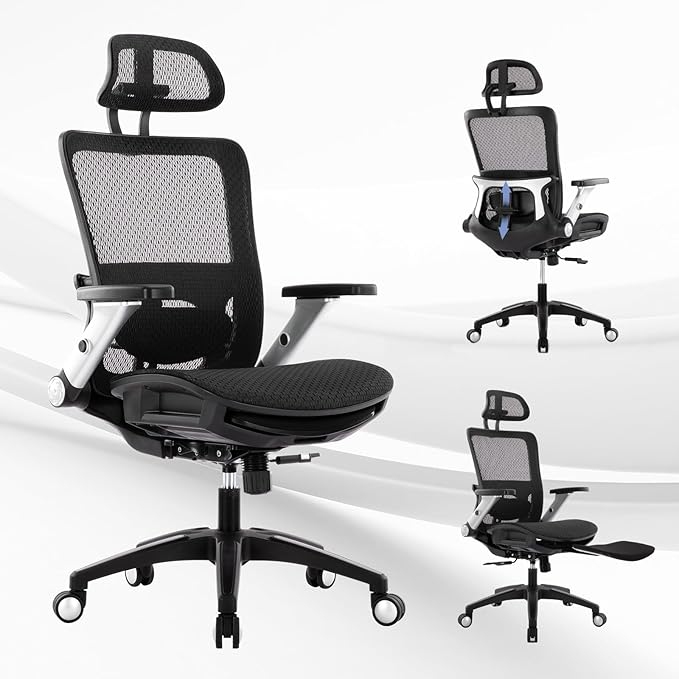 COLAMY Executive Mesh Office Chair with Footrest, Ergonomic Chair High Back with Adjustable Lumbar Support, Computer Desk Chair for Office/Work-Black - LeafyLoom