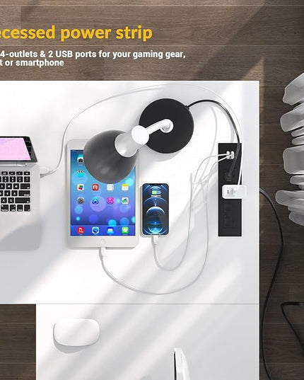 Unikito Magic Portable 4 Outlets L Shaped Desk, Reversible 55 Inch L-Shaped Computer Desk with Storage Shelf and USB Charging Port, Unique Grid Design, Large Gaming Corner Table for Home Office, White - LeafyLoom