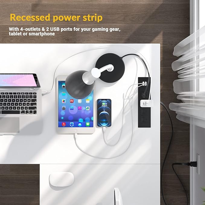 Unikito Magic Portable 4 Outlets L Shaped Desk, Reversible 55 Inch L-Shaped Computer Desk with Storage Shelf and USB Charging Port, Unique Grid Design, Large Gaming Corner Table for Home Office, White - LeafyLoom