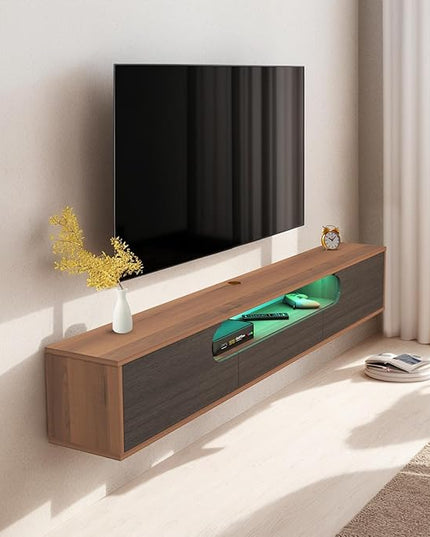 Pmnianhua Floating TV Stand with LED Lights,70'' Wall Mounted TV Cabinet Floating under TV Shelf Media Console Entertainment Center with Storage Living Room Playroom Bedroom(walnut) - LeafyLoom