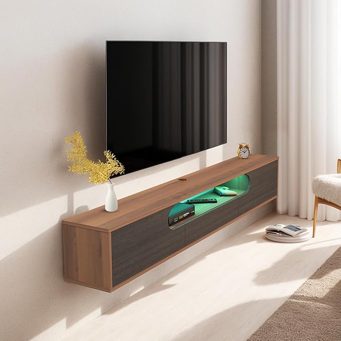 Pmnianhua Floating TV Stand with LED Lights,70'' Wall Mounted TV Cabinet Floating under TV Shelf Media Console Entertainment Center with Storage Living Room Playroom Bedroom(walnut) - LeafyLoom