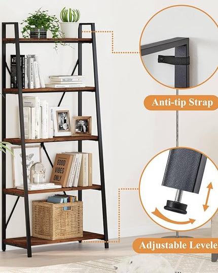 BON AUGURE Ladder Shelf Bookcase, 5-Tier Industrial Ladder Bookshelf, Tall Living Room Shelves, Wood and Metal Leaning Shelf for Home Office, Kitchen, Bedroom, Balcony (Rustic Oak) - LeafyLoom