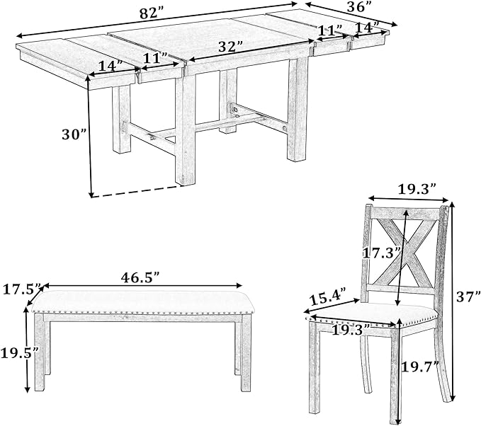 82 Inch Dining Table Set for 6, Extendable Dining Table with Footrest, 4 Upholstered Dining Chairs and Bench,Two 11" Removable Leaf, Kitchen Table Set for Living Room, Natural+Beige - LeafyLoom