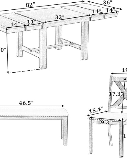 6-Piece Wood 82inch Extendable Dining Table Set with Two 11" Removable Leaves, 4 Upholstered Chairs and Bench, Farmhouse Style, Natural, 60"-82" L x 36" W x 30" H - LeafyLoom