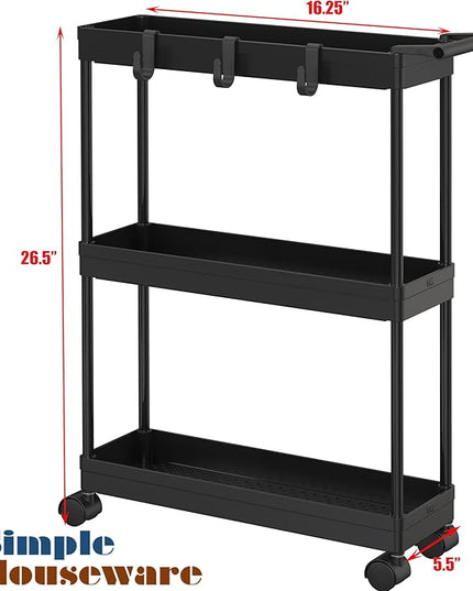Simple Houseware 3-Tier Slim/Super Narrow Kitchen Cart with Handle, hooks and storage with shelves, Black - LeafyLoom