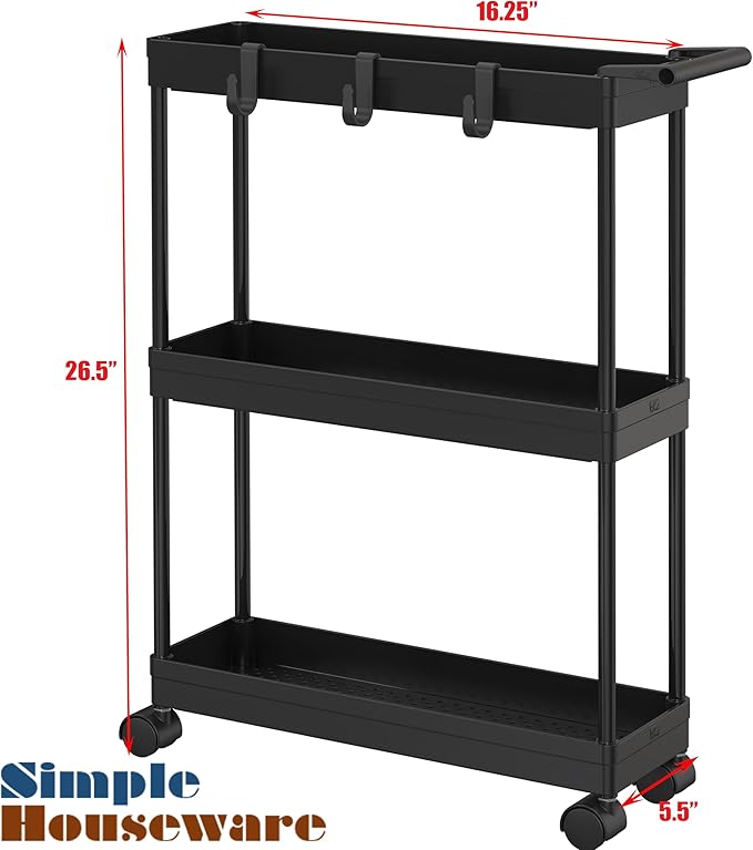 Simple Houseware 3-Tier Slim/Super Narrow Kitchen Cart with Handle, hooks and storage with shelves, Black - LeafyLoom