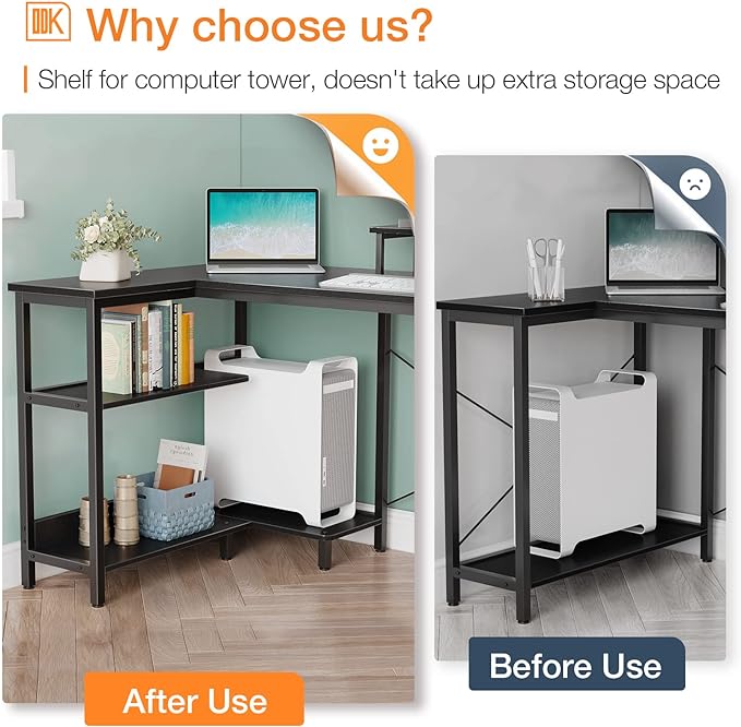 ODK 40 Inch Small L Shaped Computer Desk with Reversible Storage Shelves, Modern Black, Ideal for Home Office, Gaming, Writing - LeafyLoom