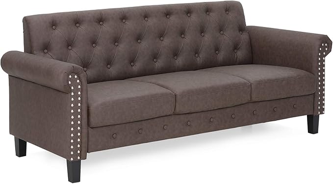 Furinno Bastia Vintage Modern Chesterfield Button Tufted 3-Seater Sofa Couch for Living Room, Brown Faux Leather - LeafyLoom